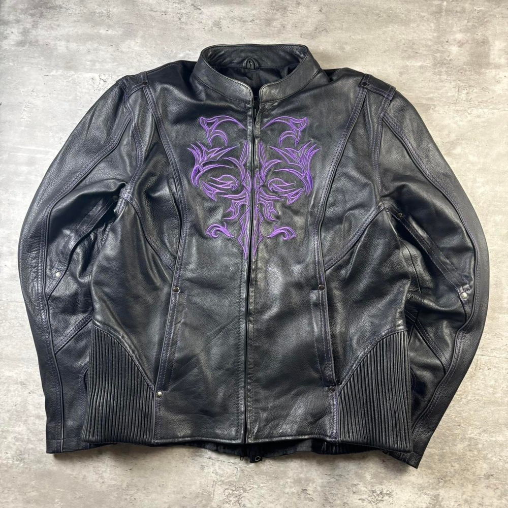 Milwaukee Leather Jacket Women Large Black Purple Embroidered Biker